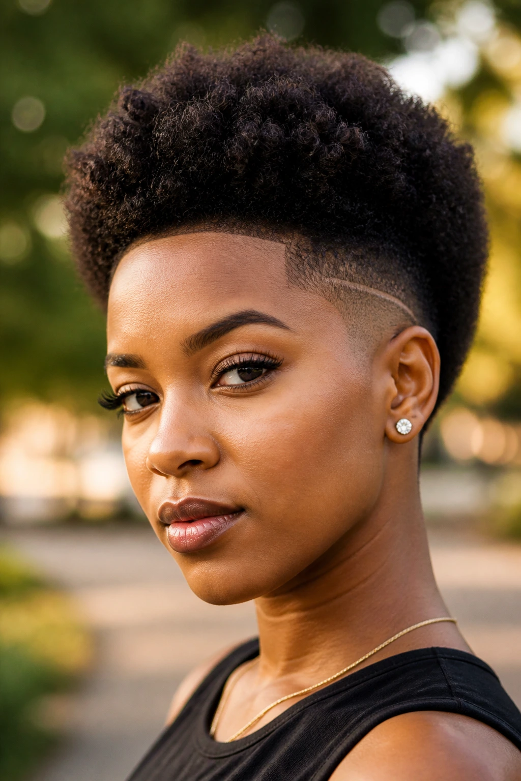 Close-up portrait of a real person with a tapered side fade Afro in warm outdoor light.