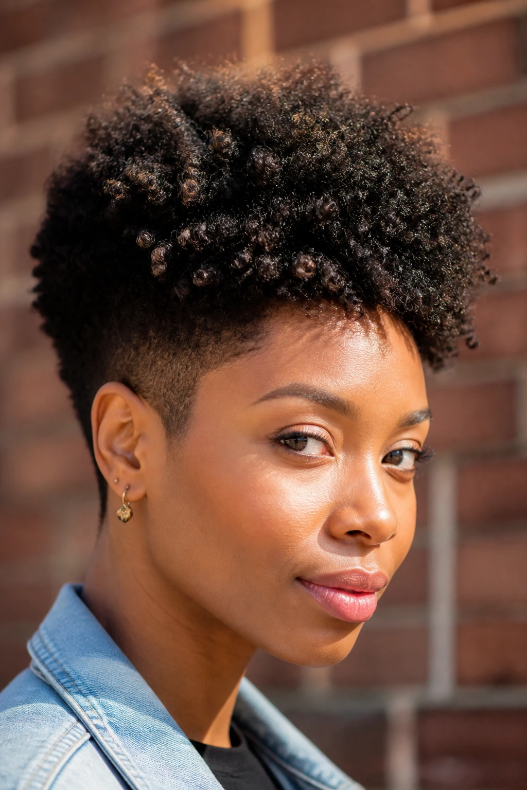 Close-up of a woman with tapered afro and full crown outdoors