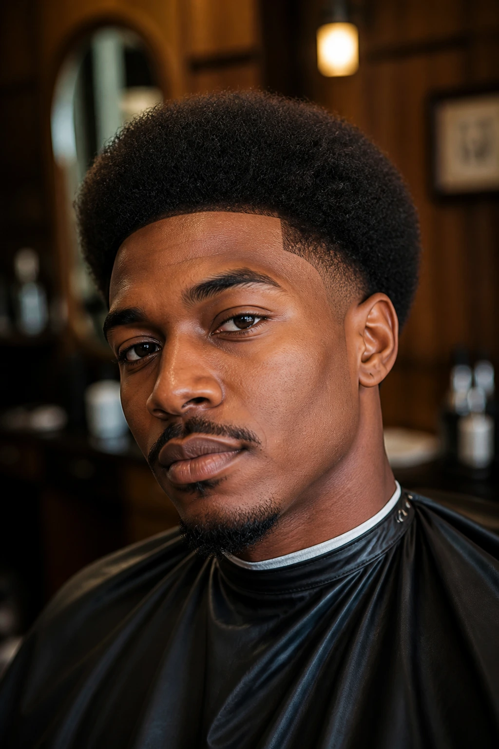Close-up of a real man with a tapered Afro hairstyle in a warm barbershop setting