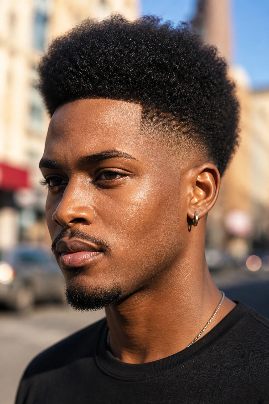 Close-up of a man with a tapered Afro on an urban street