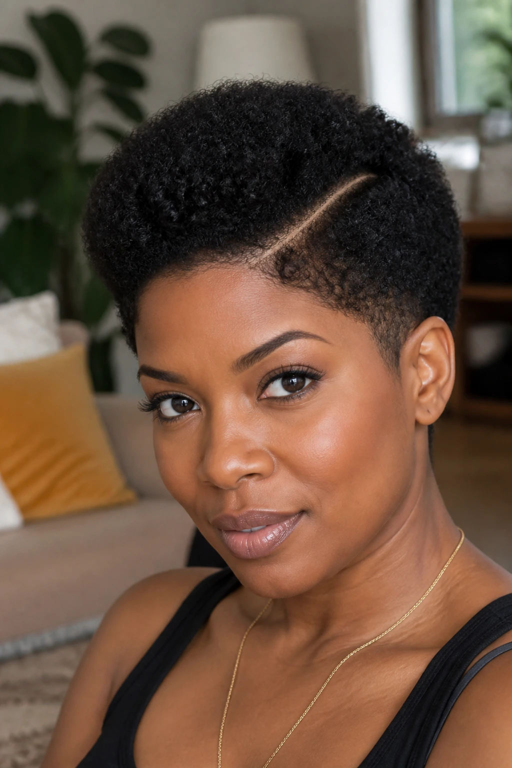 Close-up portrait of a Black woman with a tapered Afro and hard part