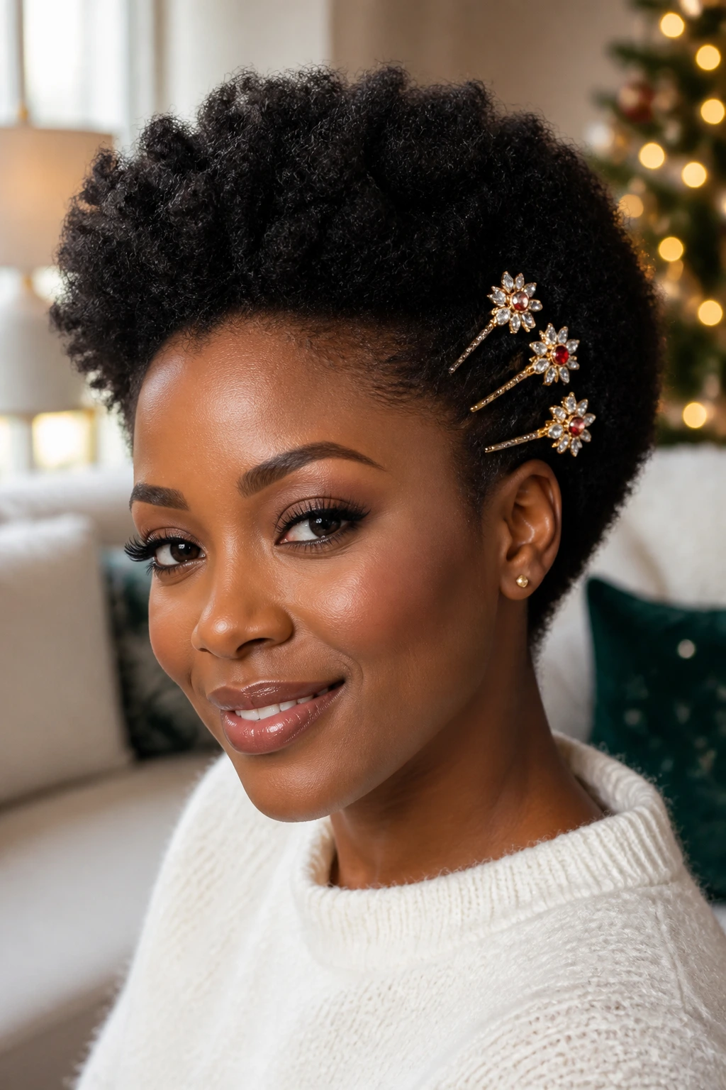 Close-up of a woman with a tapered afro and jewel hair picks on the side in warm holiday light.