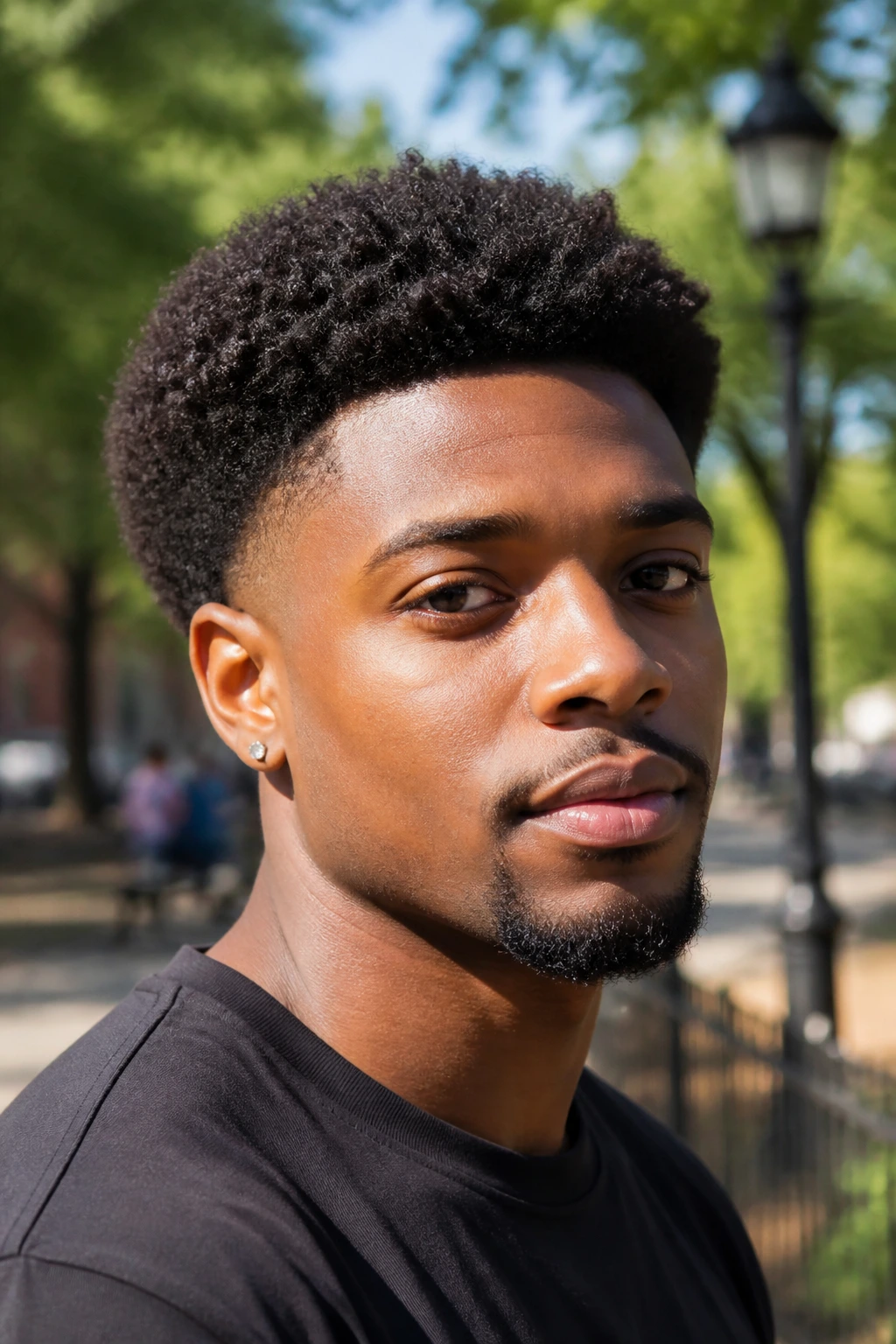 Close-up of a real person with a tapered Afro hairstyle outdoors