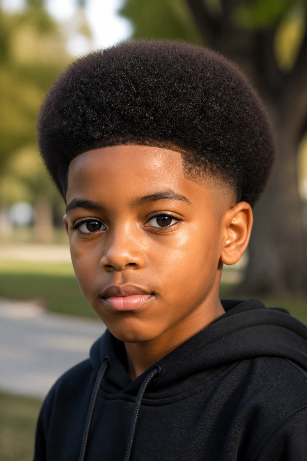 Boy with tapered afro and rounded crown in a sunlit park.