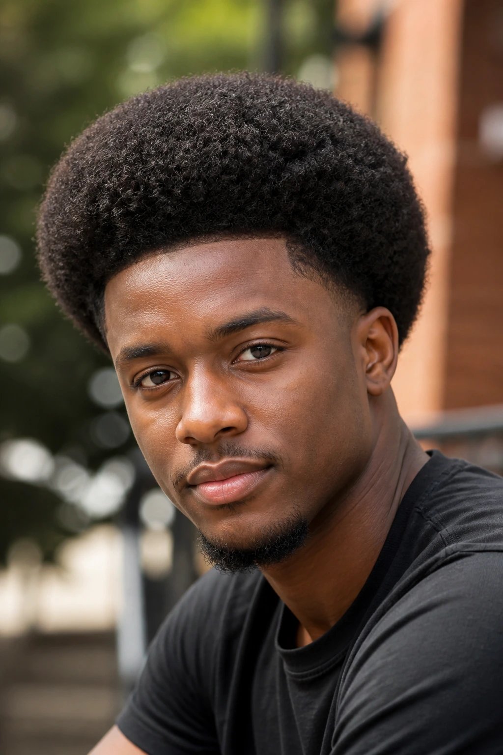 Close-up of a man with a rounded tapered afro outdoors