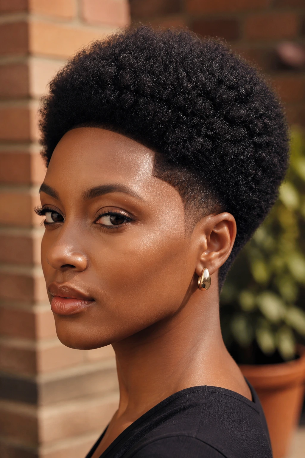 Close-up portrait of a real person with a tapered afro and sculpted outline