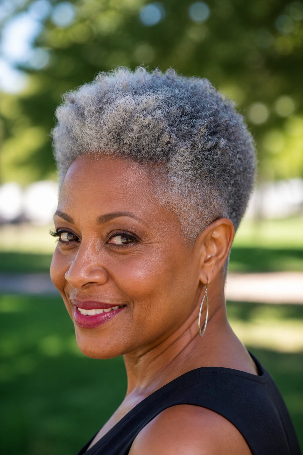 Close-up portrait of a real woman with a tapered Afro and shaped sides.