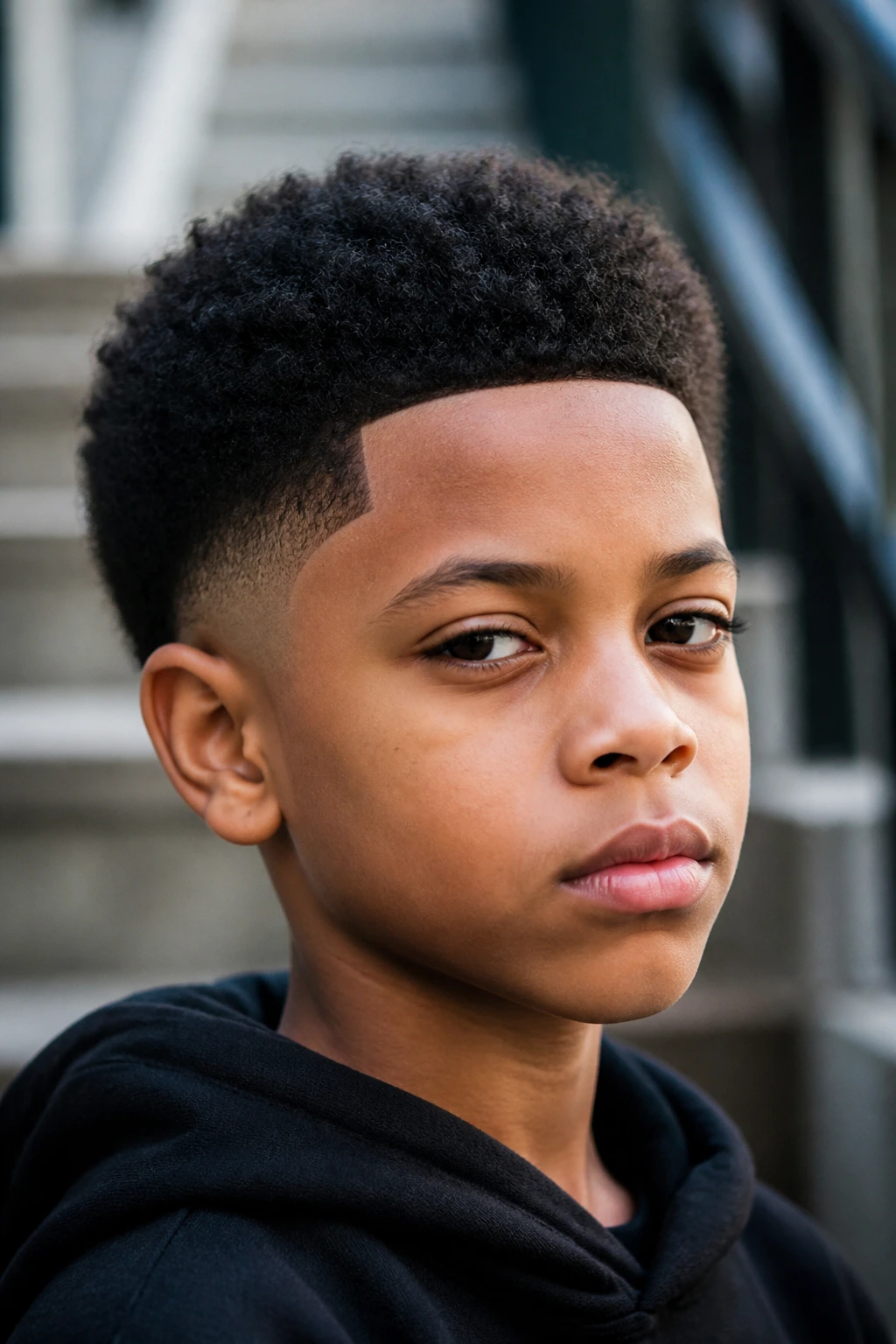 Close-up portrait of a boy with tapered afro and shape-up hairstyle in a bright setting.