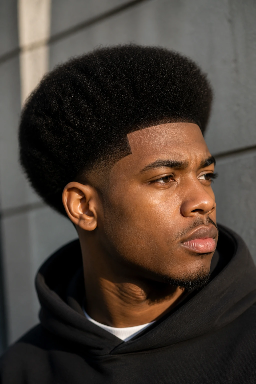 Close-up of real man with tapered afro and sharp edges on the perimeter