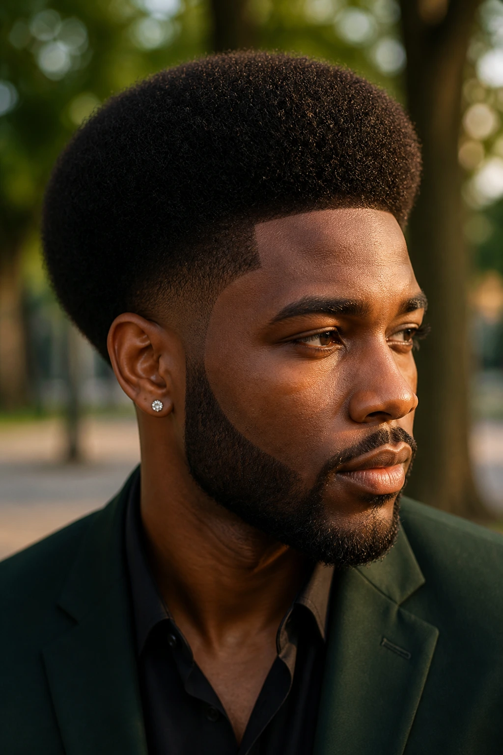 Close-up of man with tapered Afro and sharp edges