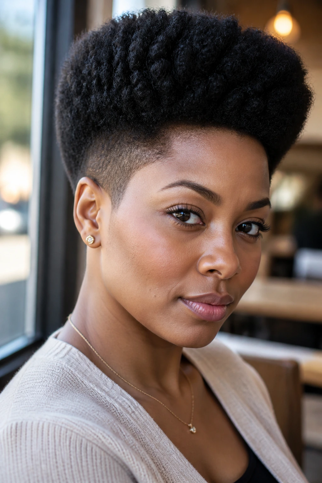 Real woman with tapered afro and crisp silhouette