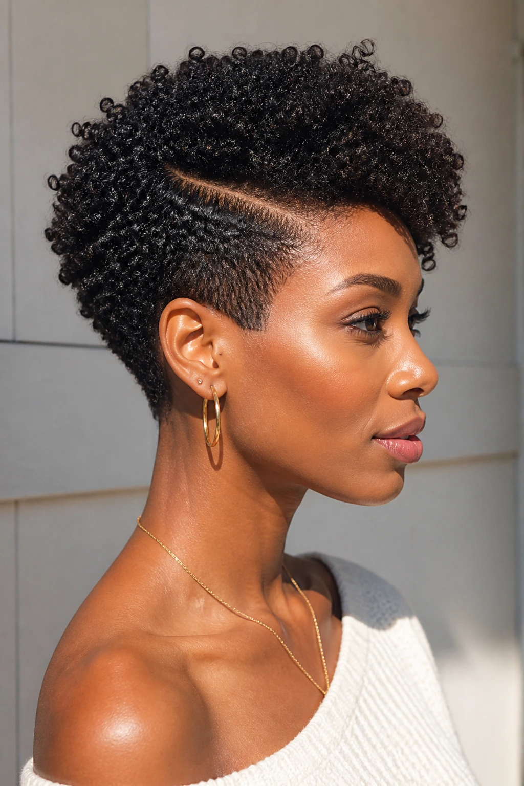Close-up of a real woman with a side-parted tapered Afro and narrow nape on a diamond face