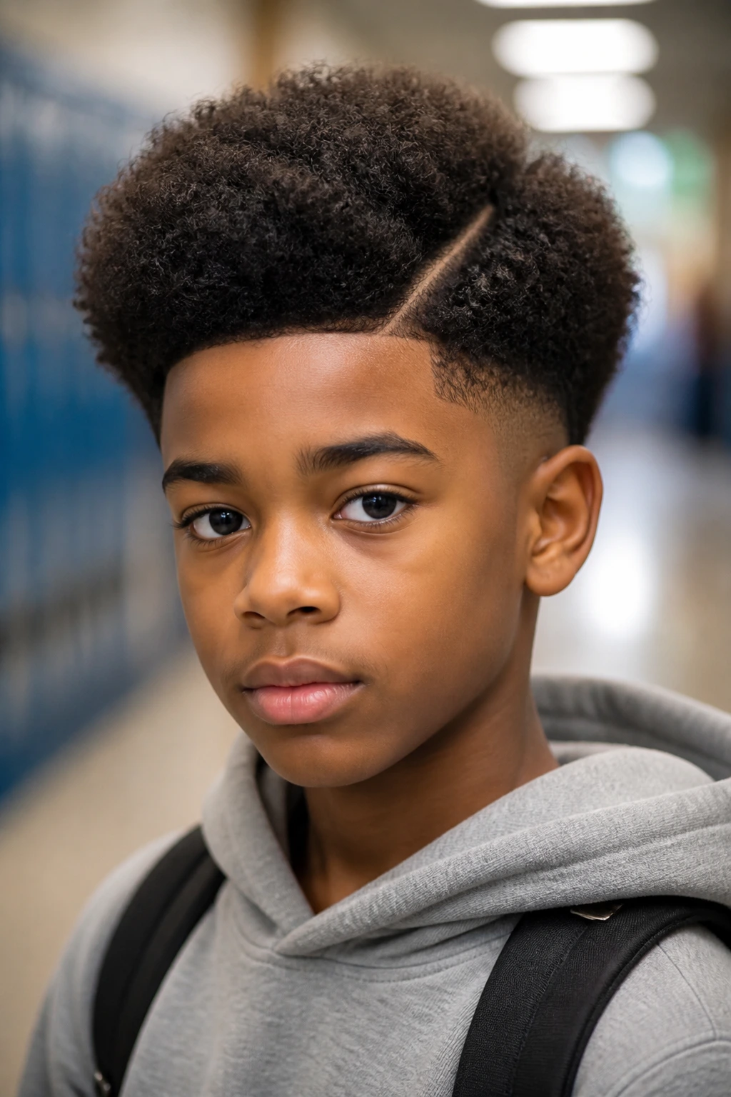 Portrait of a real Black boy with a tapered afro and side part in a school corridor.