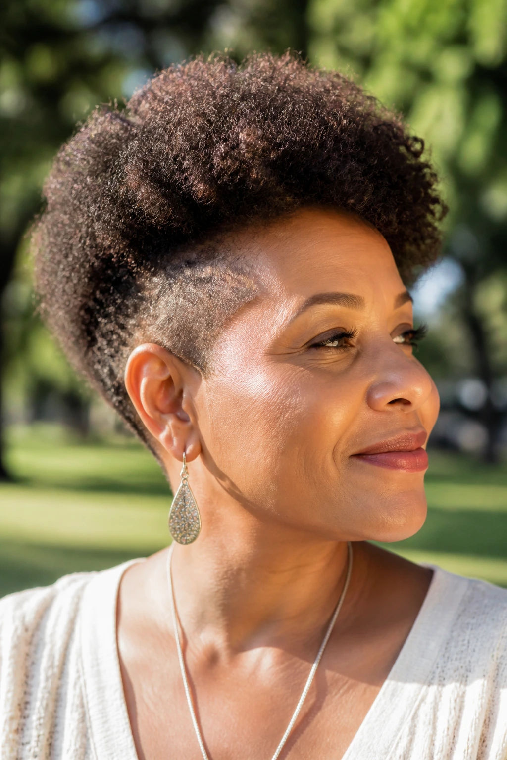 Portrait of woman with tapered afro and side undercut