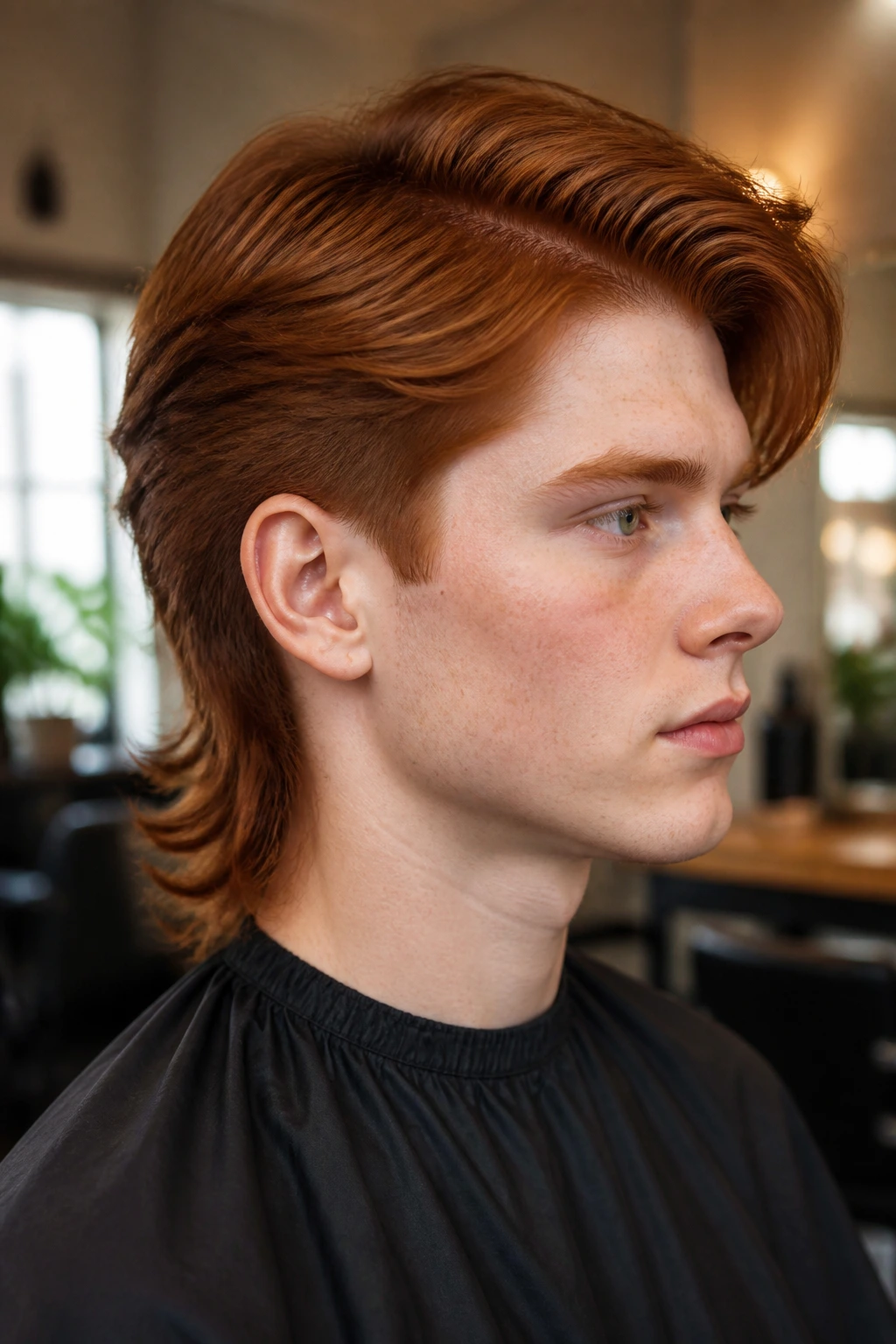 Close-up portrait of a real person with a tapered auburn mullet and side part.