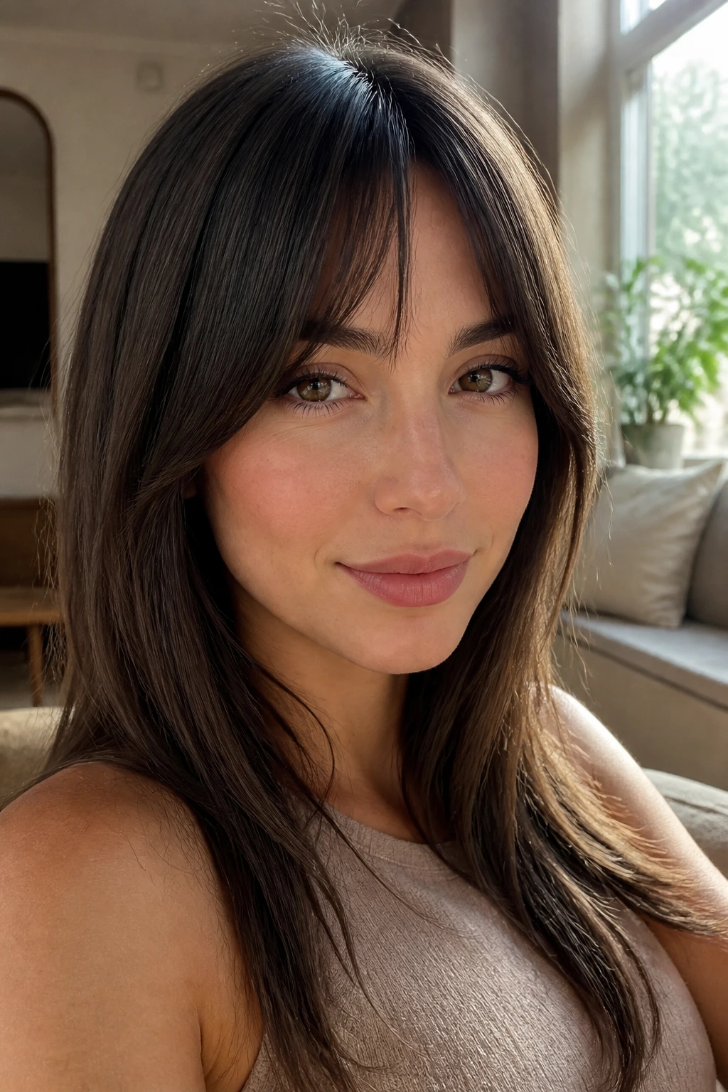 Close-up portrait of a woman with tapered bangs narrowing toward the temples in soft light