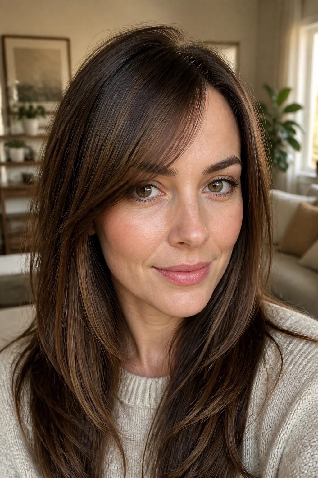 Close-up of a woman with tapered side bangs for a long forehead