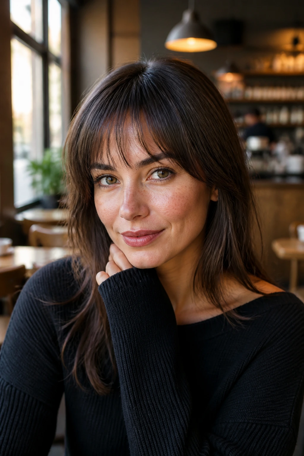 Real woman with tapered bangs thinning toward the sides in cafe