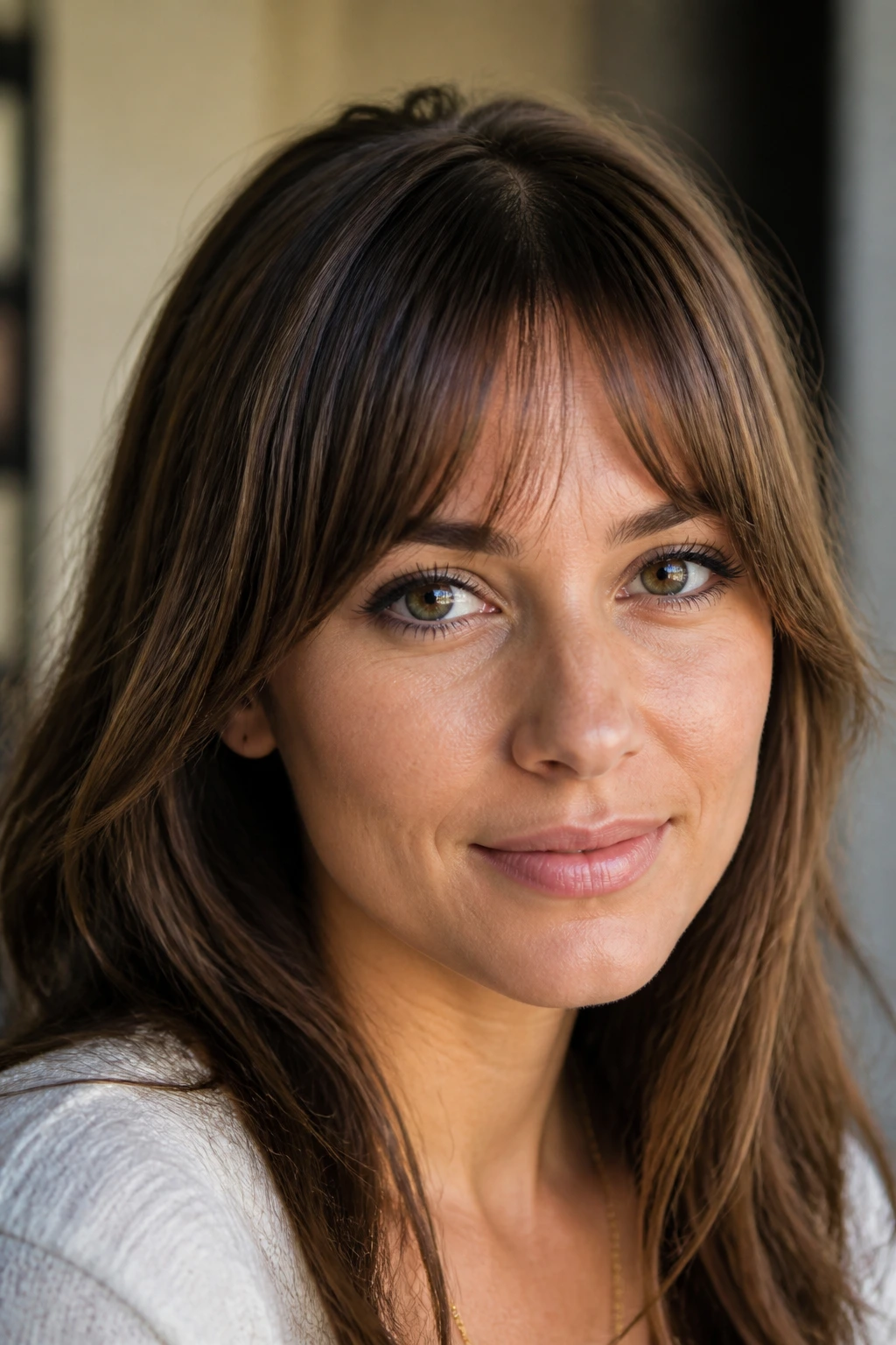 Close-up of tapered bangs narrowing at the temples on a real woman