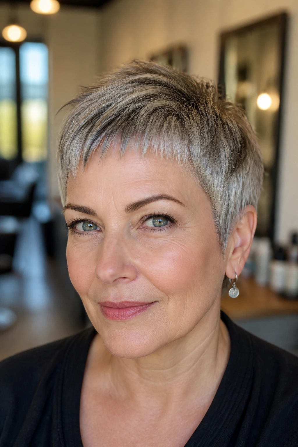 Close-up portrait of a woman with tapered mini bangs in a warm salon.