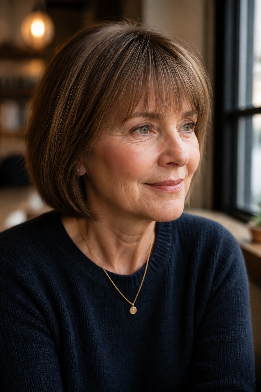 Close-up portrait of a real woman with tapered bangs, density at center and taper to temples