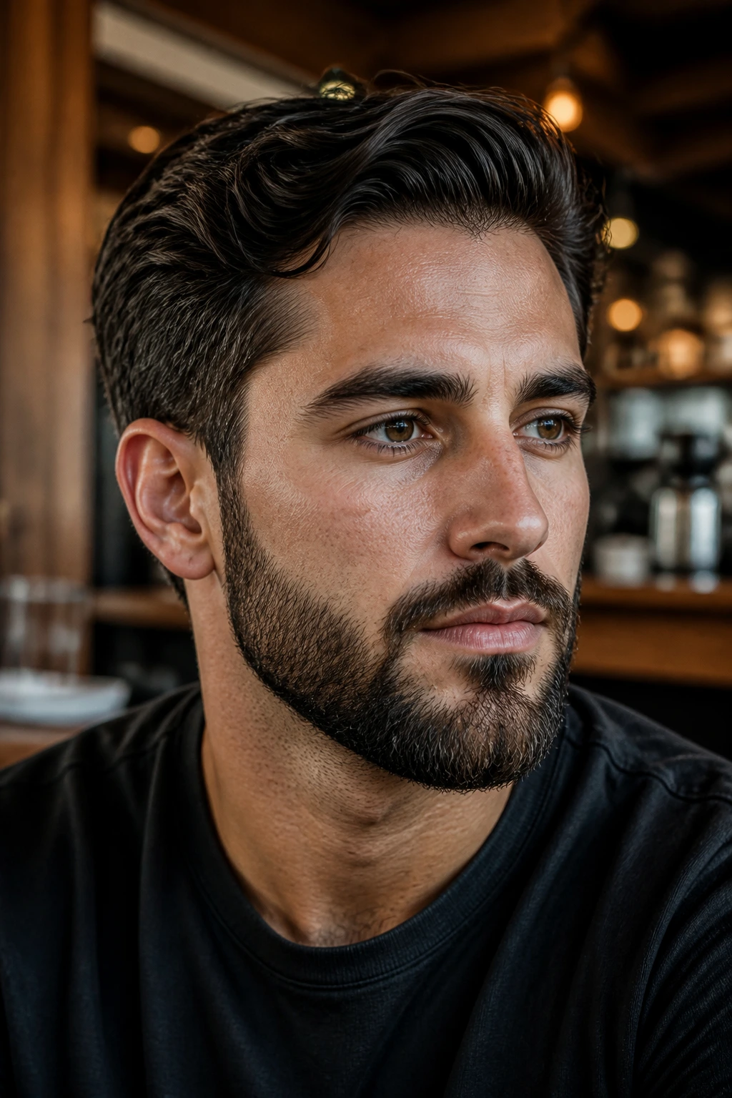 Close-up of a man with a tapered beard in a cafe setting