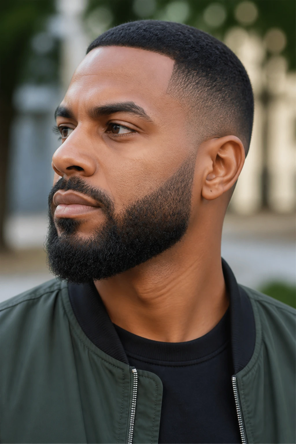 Close-up portrait of a real man with a tapered beard and defined jawline in daylight