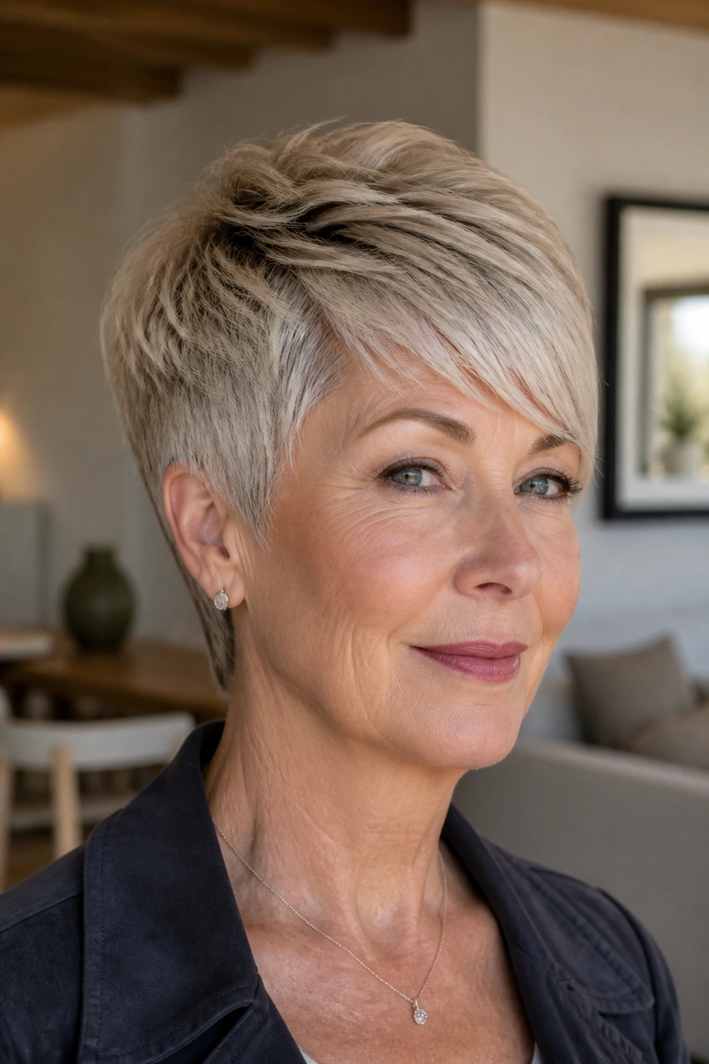 Portrait of a woman with a tapered bixie and side fringe