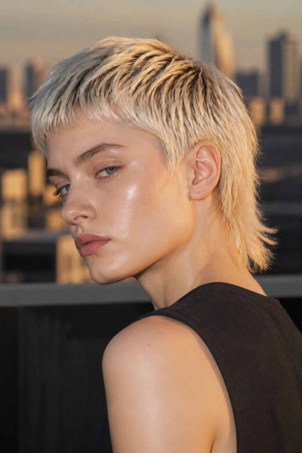 Portrait of a real person with a tapered bleach mullet and platinum hair