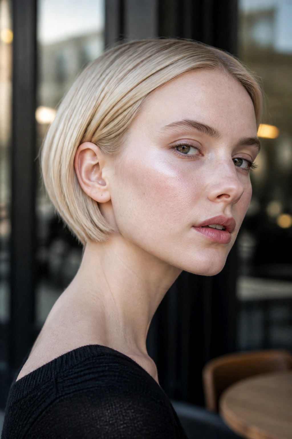 Close-up of a real woman with a tapered bleached bob on pale skin