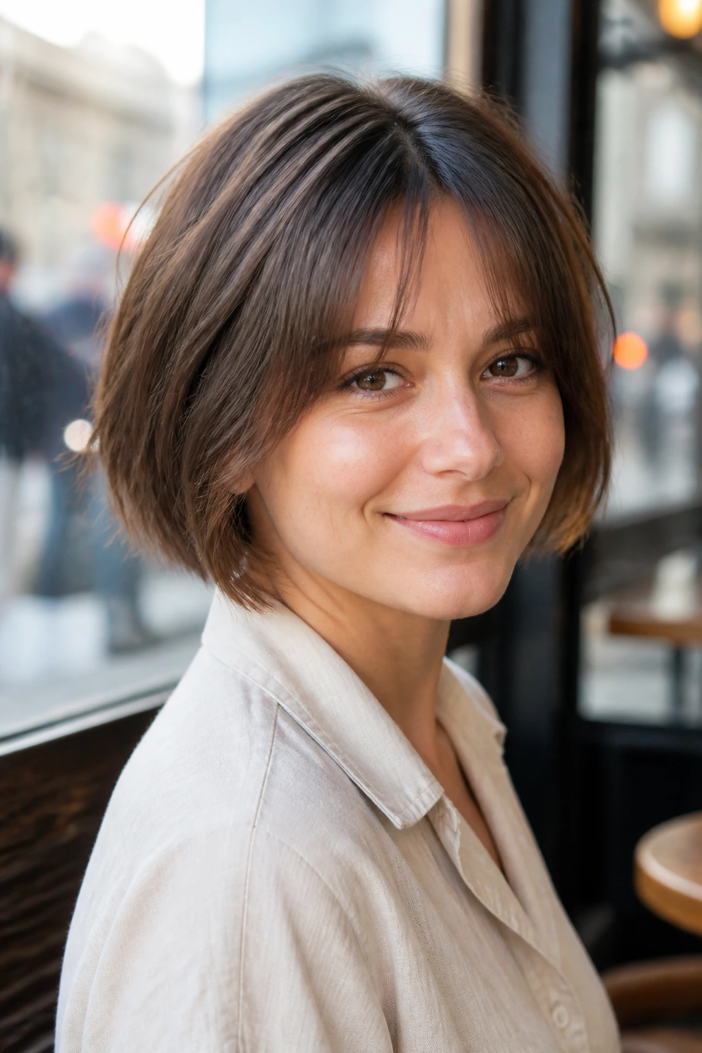 Close-up of a real woman with a tapered bob and airy curtain fringe outdoors by a cafe
