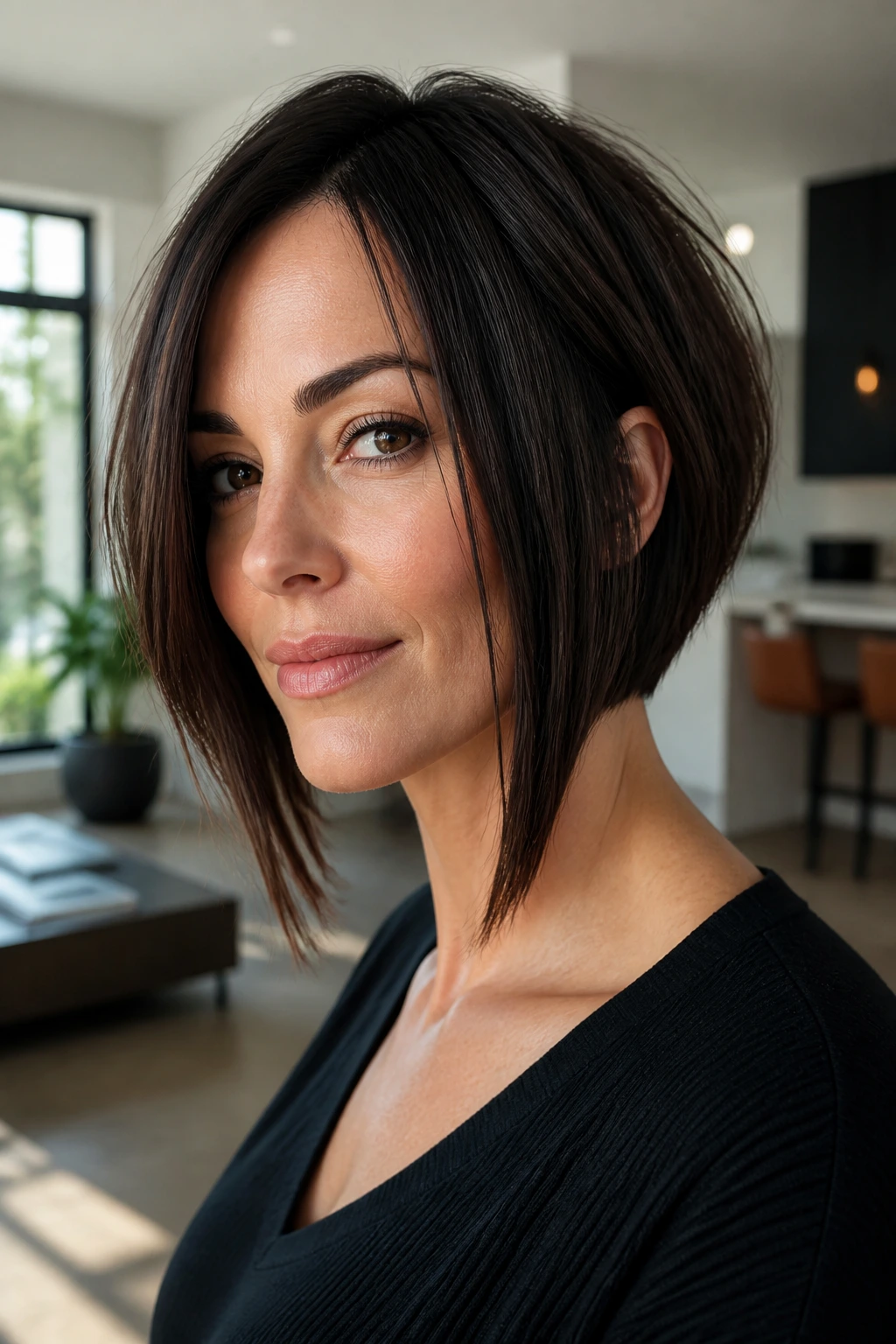 Close-up tapered bob with long face-framing pieces on a real woman