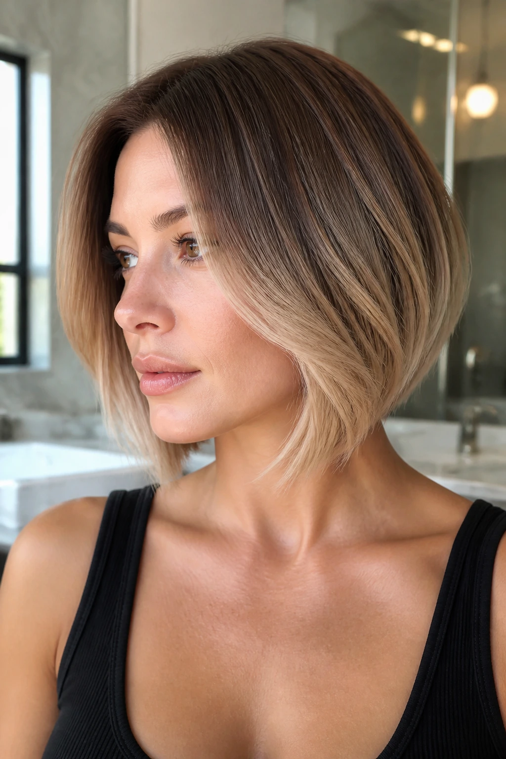Portrait of a real person with tapered bob from rich brown to beige ends.