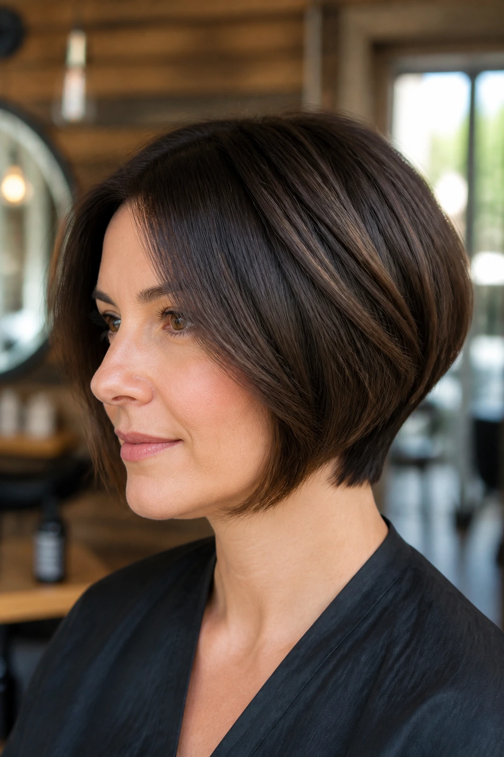 Close-up of a real woman with a tapered bob in a warm salon setting, showing a streamlined silhouette around the jaw and neck.