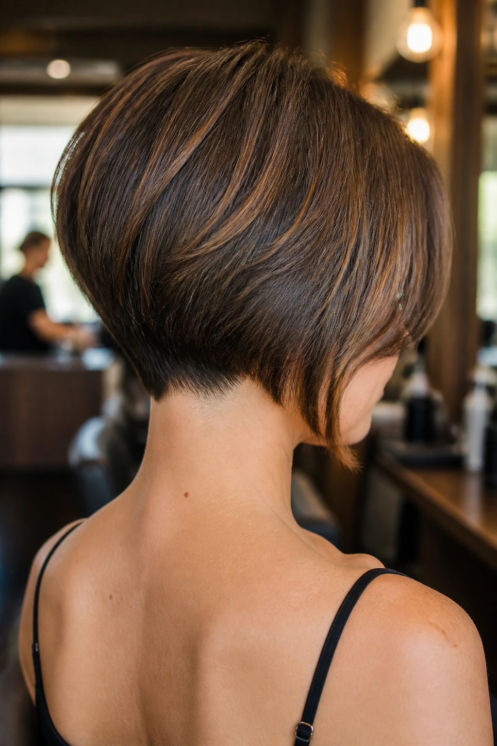 Close-up of a real woman with a tapered bob hugging the nape in warm salon light