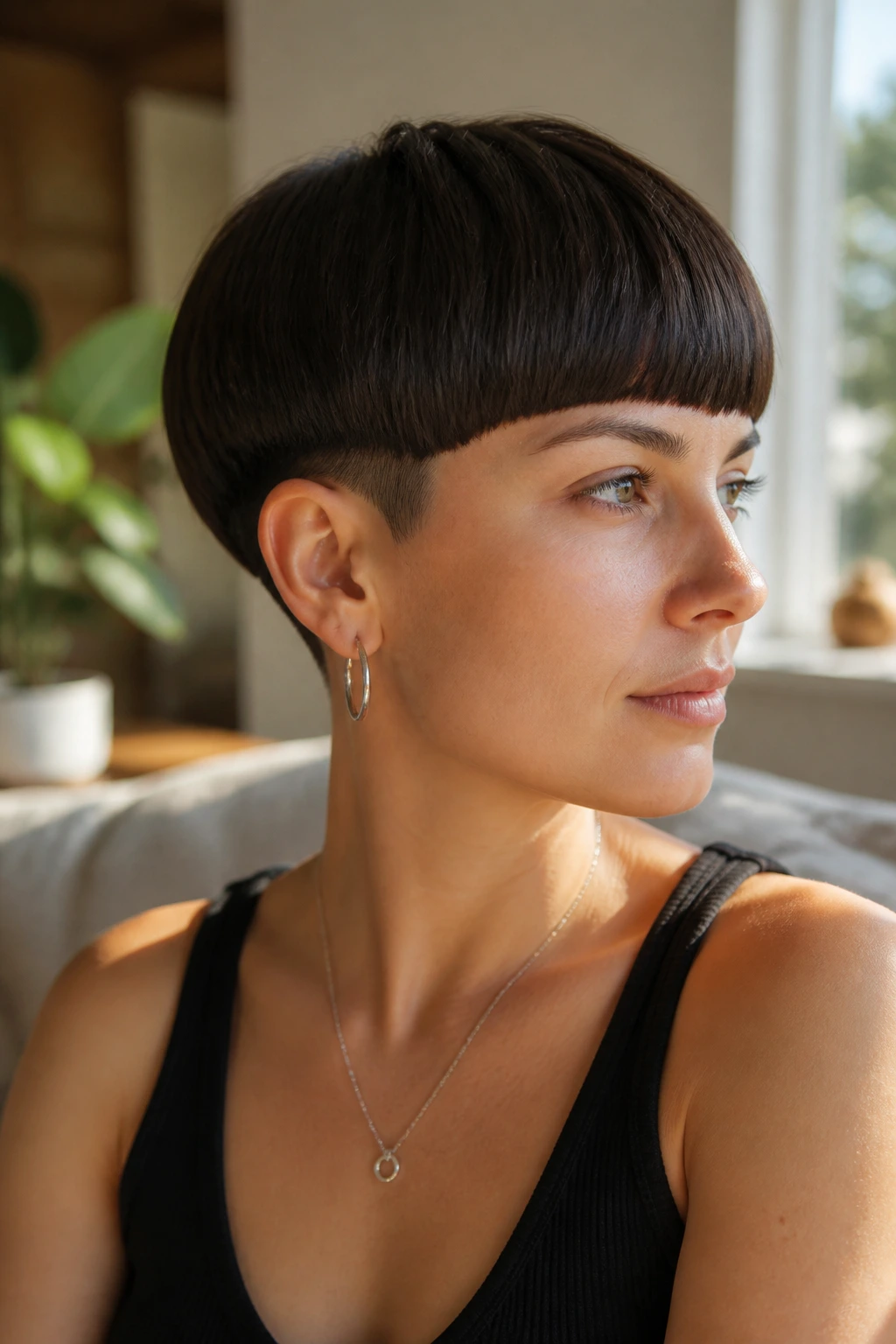 Close-up portrait of a real person with a tapered bowl cut in warm daylight