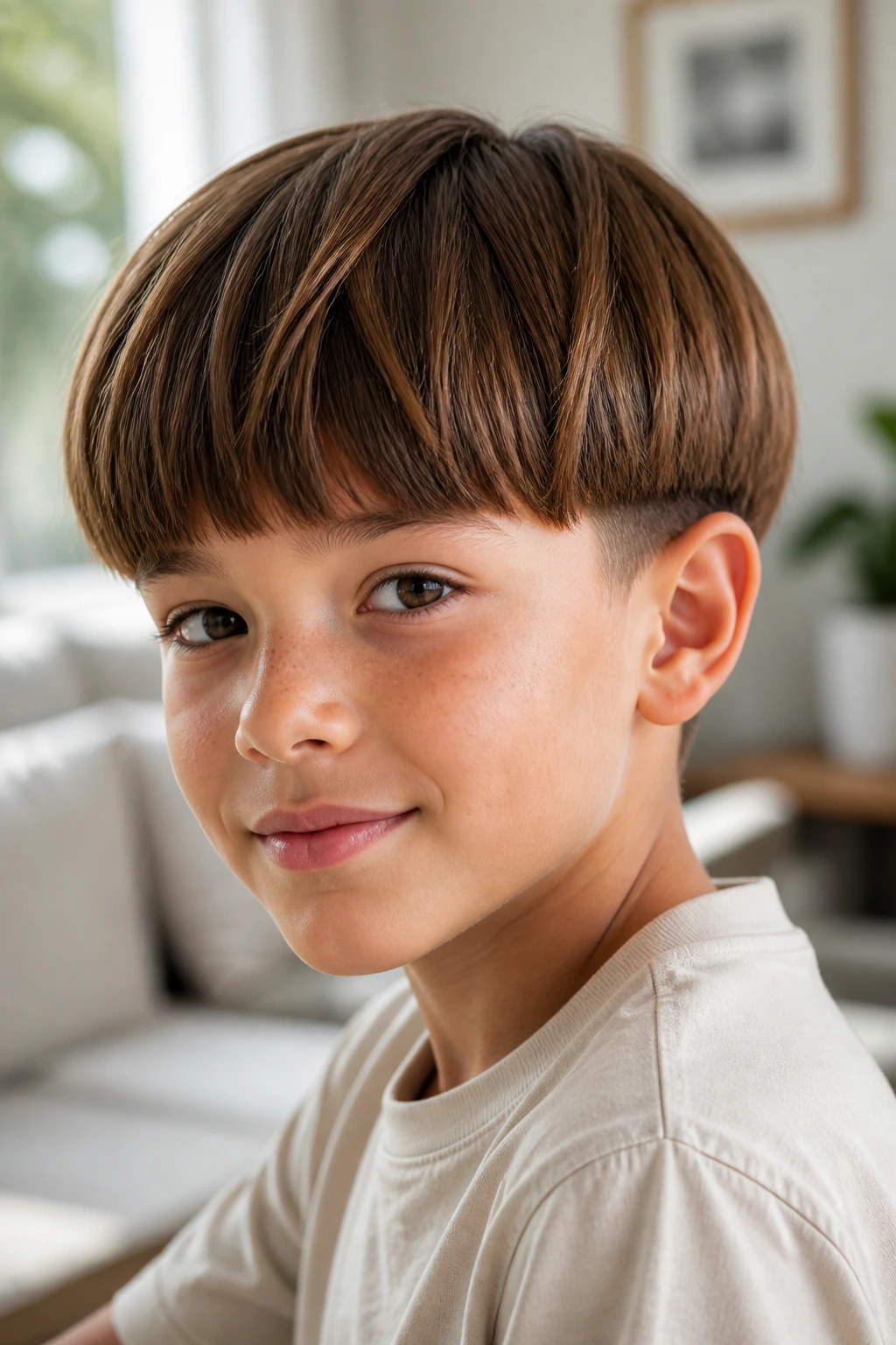 Child with tapered bowl cut showing round head shape and tapered sides.