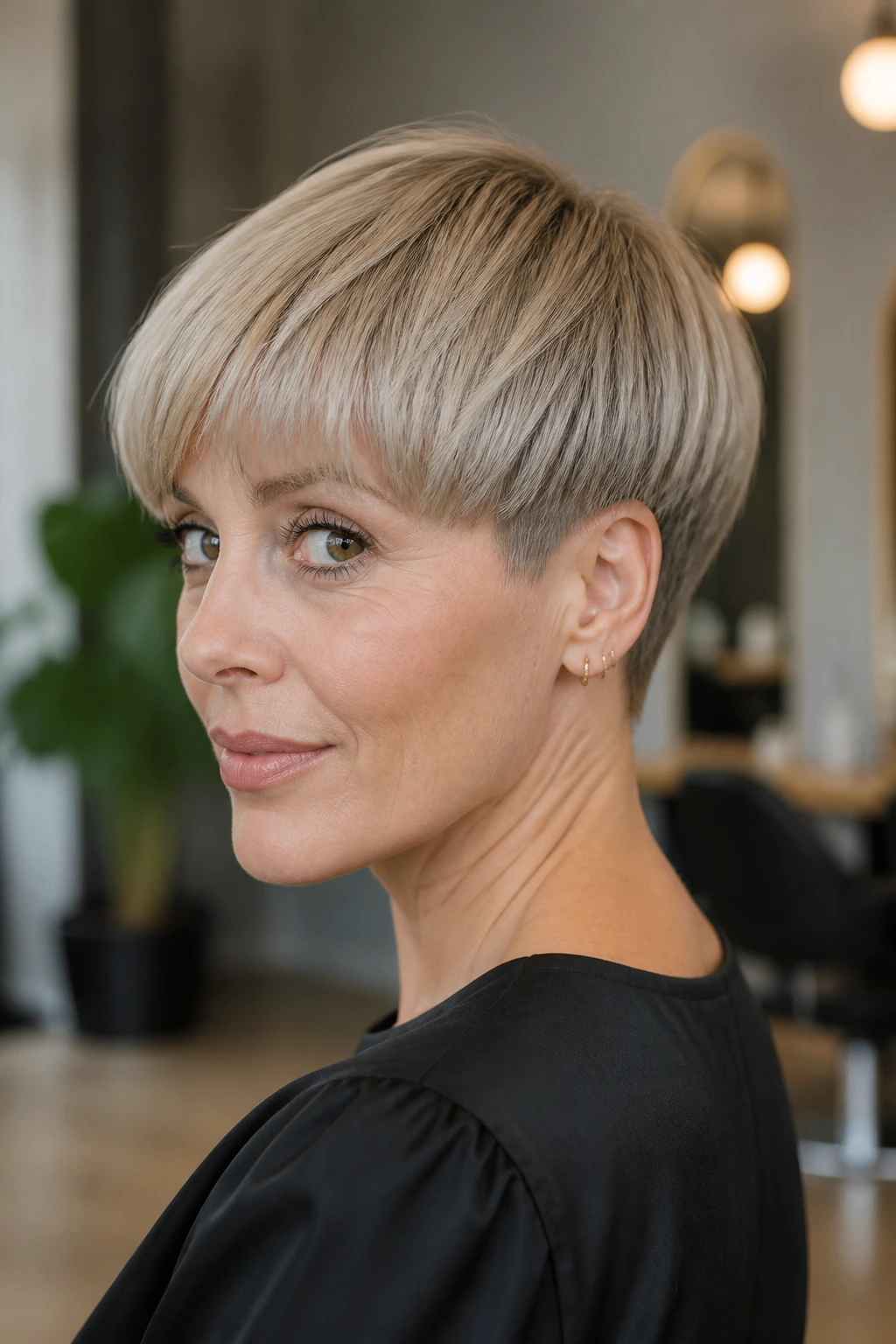 Close-up of a real woman with tapered bowl pixie showing perimeter weight and taper