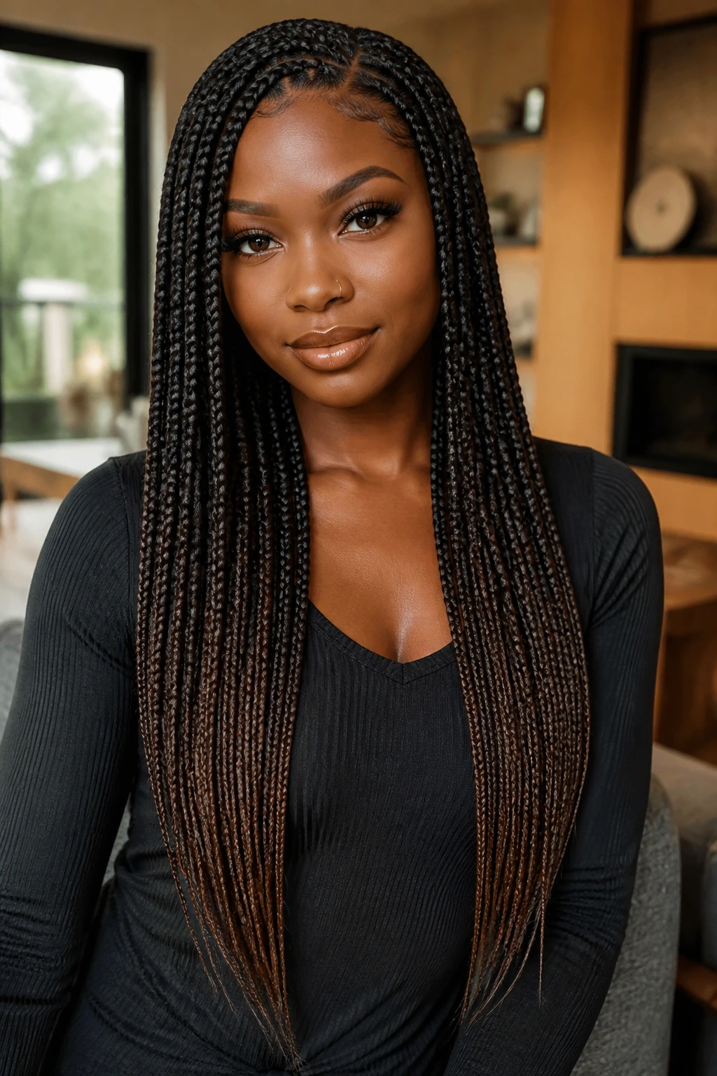Close-up of a real woman with tapered box braids indoors