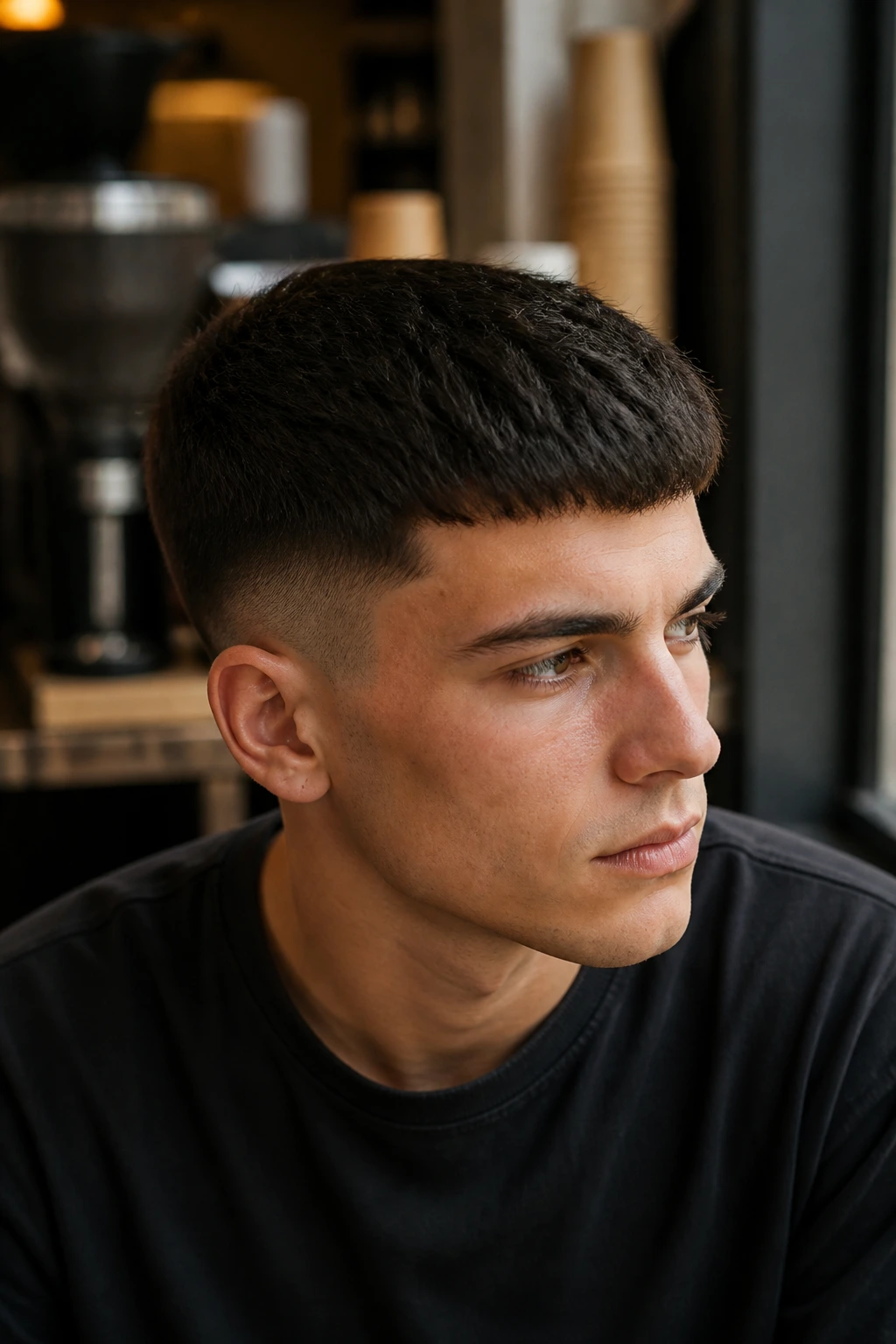 Close-up of a man with a tapered brush cut
