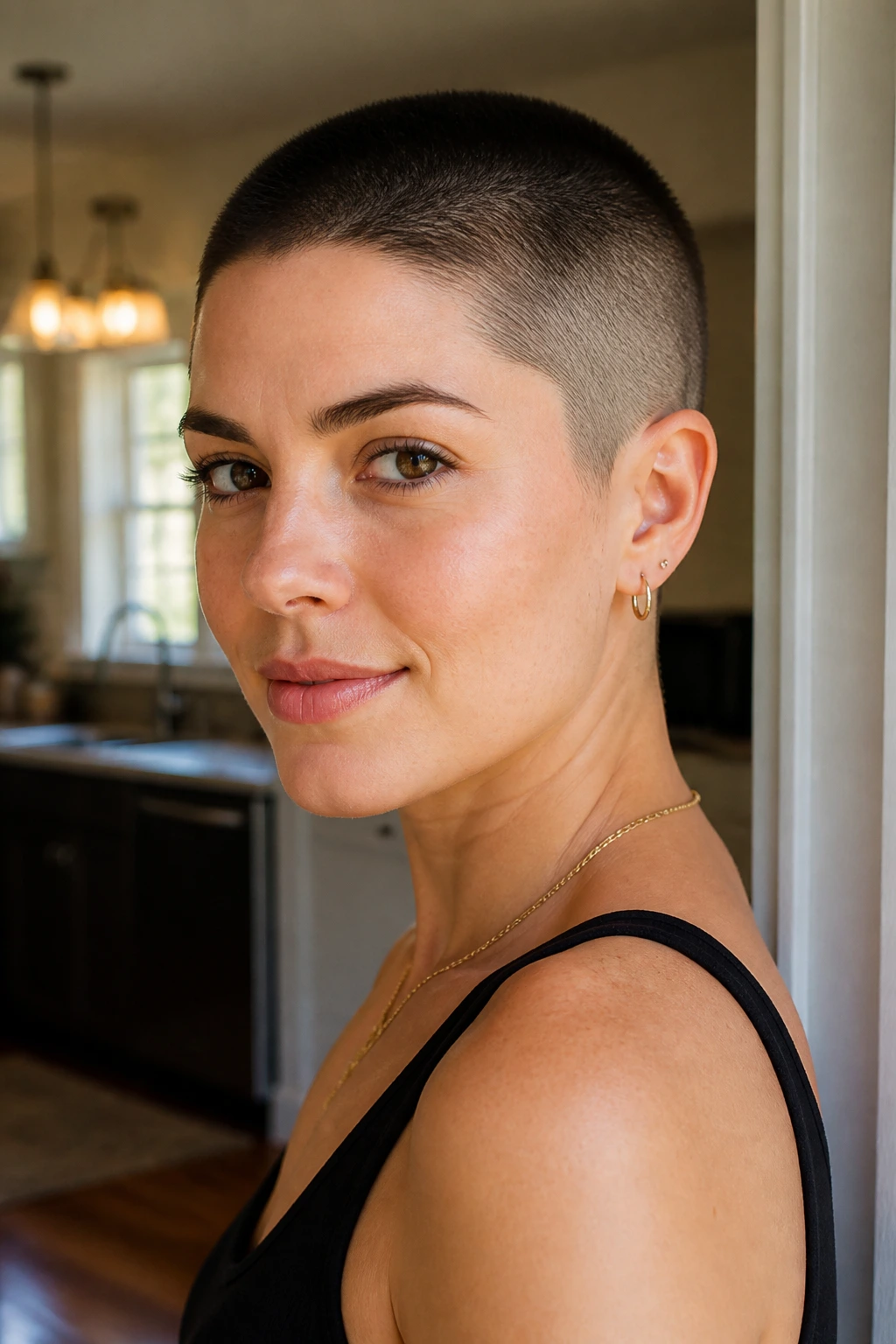 Close-up portrait of a real woman with a tapered buzz cut in a modern kitchen doorway