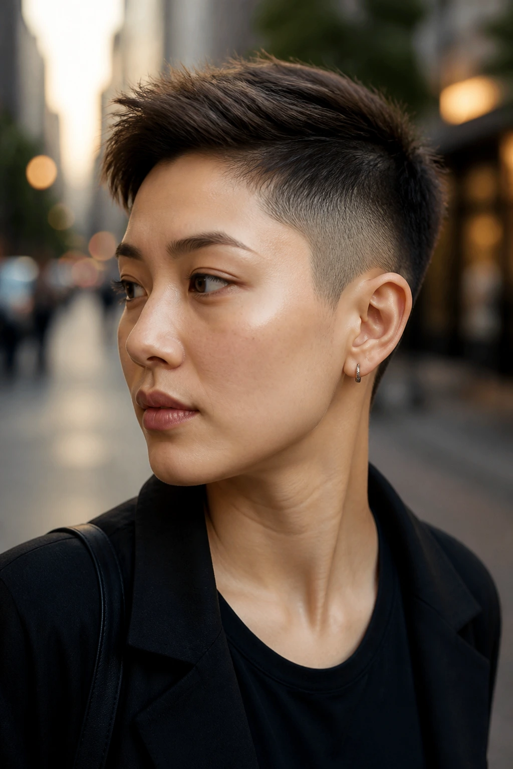 Close-up of a real person with a tapered buzz and longer top