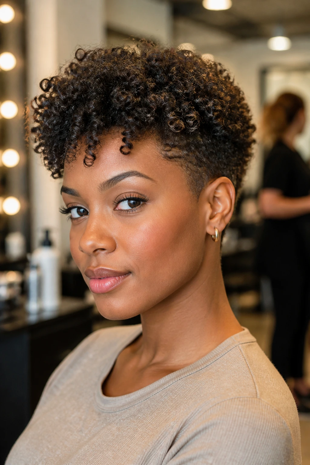Real woman with a tapered coil crop showing neat sides and a fuller top.