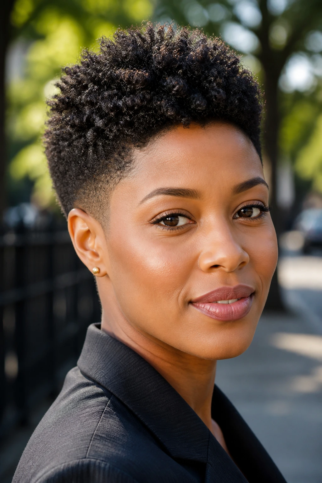 Portrait of a person with a tapered coil cut on a sunny street