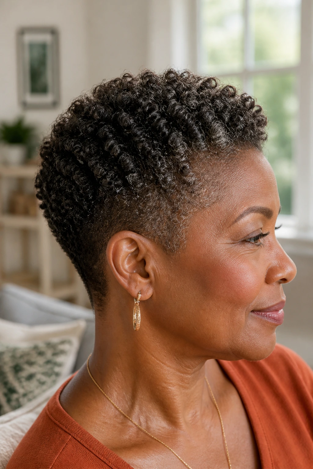 Close-up of a woman with tapered coil cut showing tapered sides and visible coils in natural light