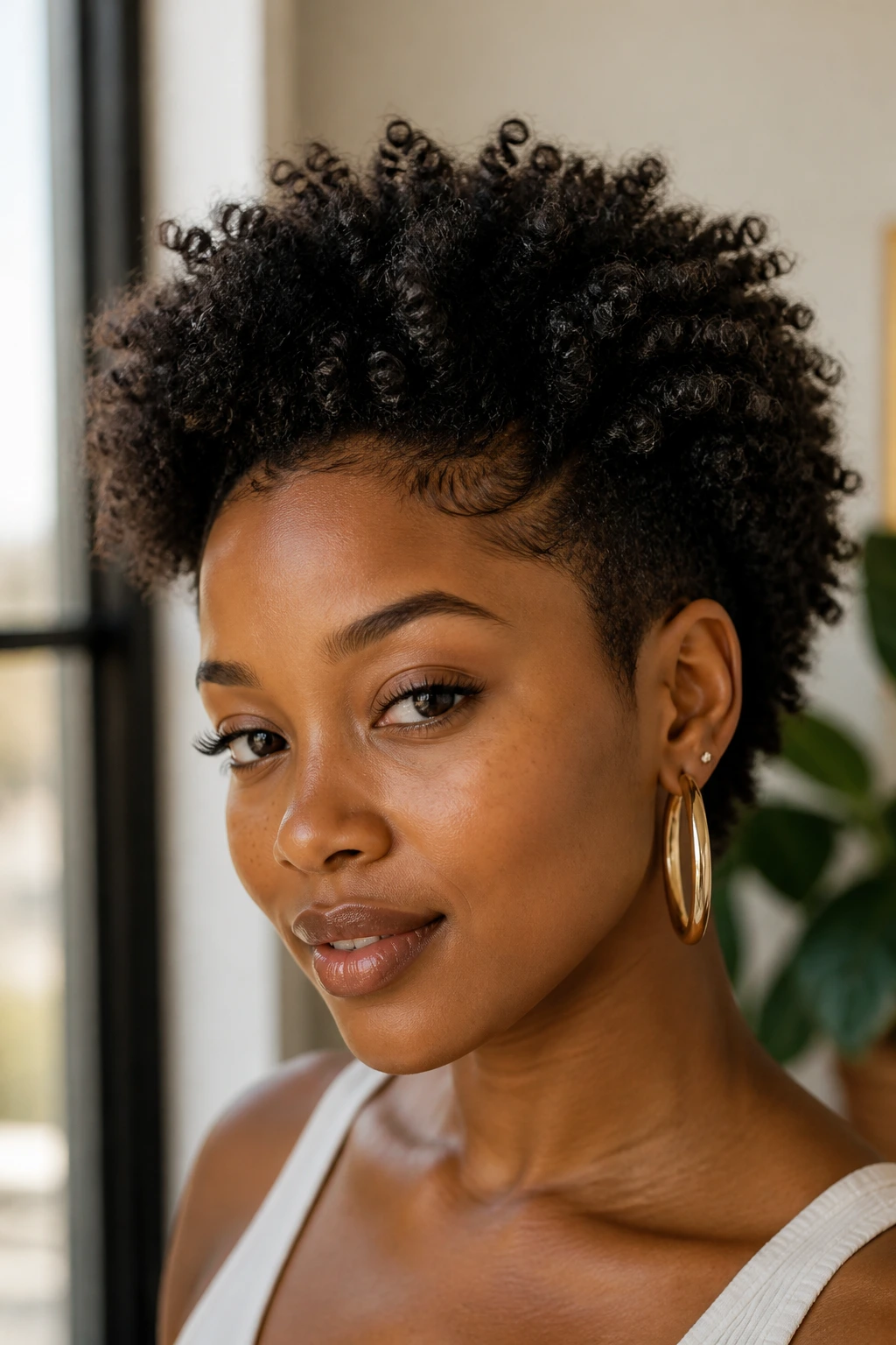 Close-up of a real woman with a tapered coil halo