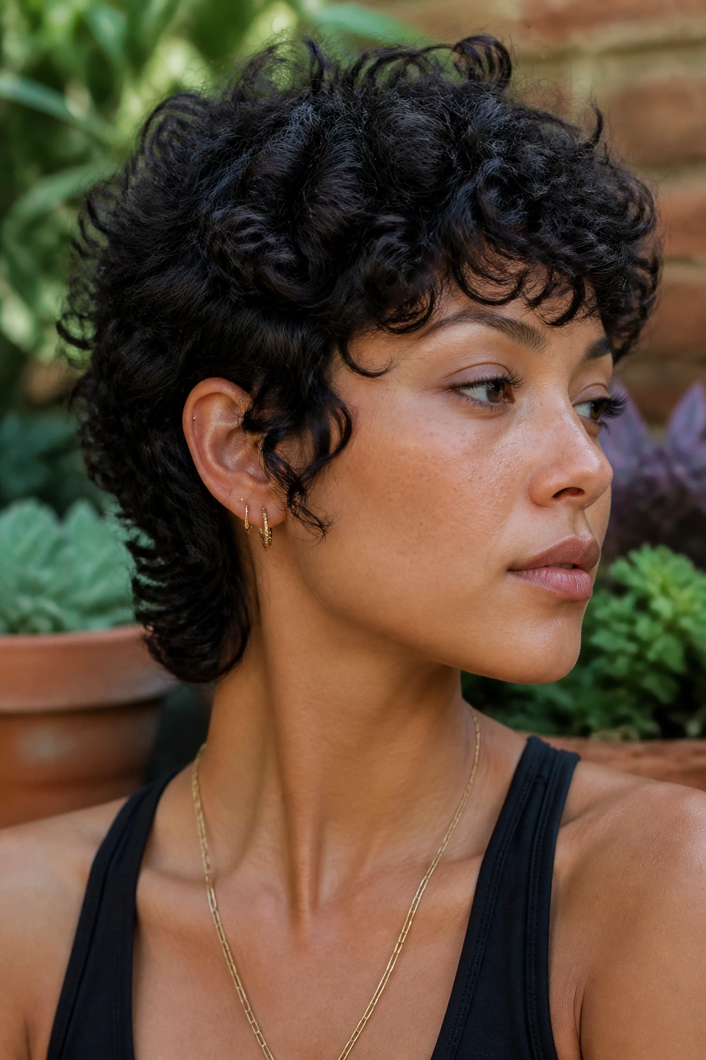 Close-up portrait of a real woman with tapered coil shag mullet showing curl pattern and tapered nape