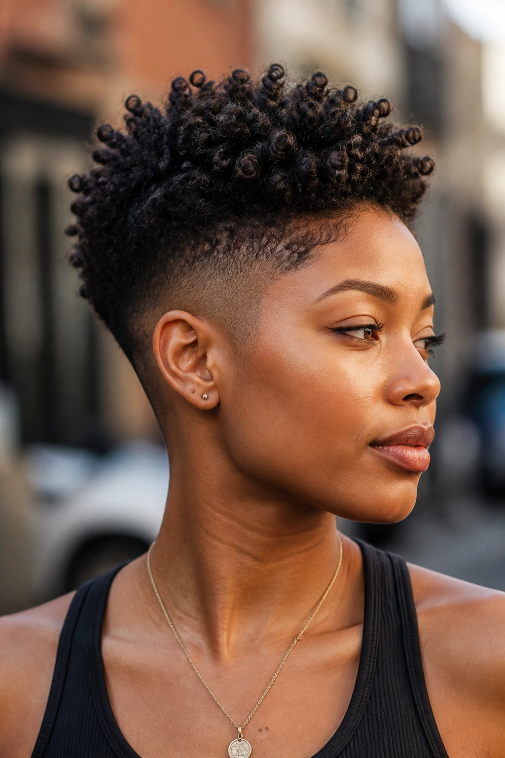 Portrait of a person with tapered coils and clean sides, crown-like silhouette in natural light.