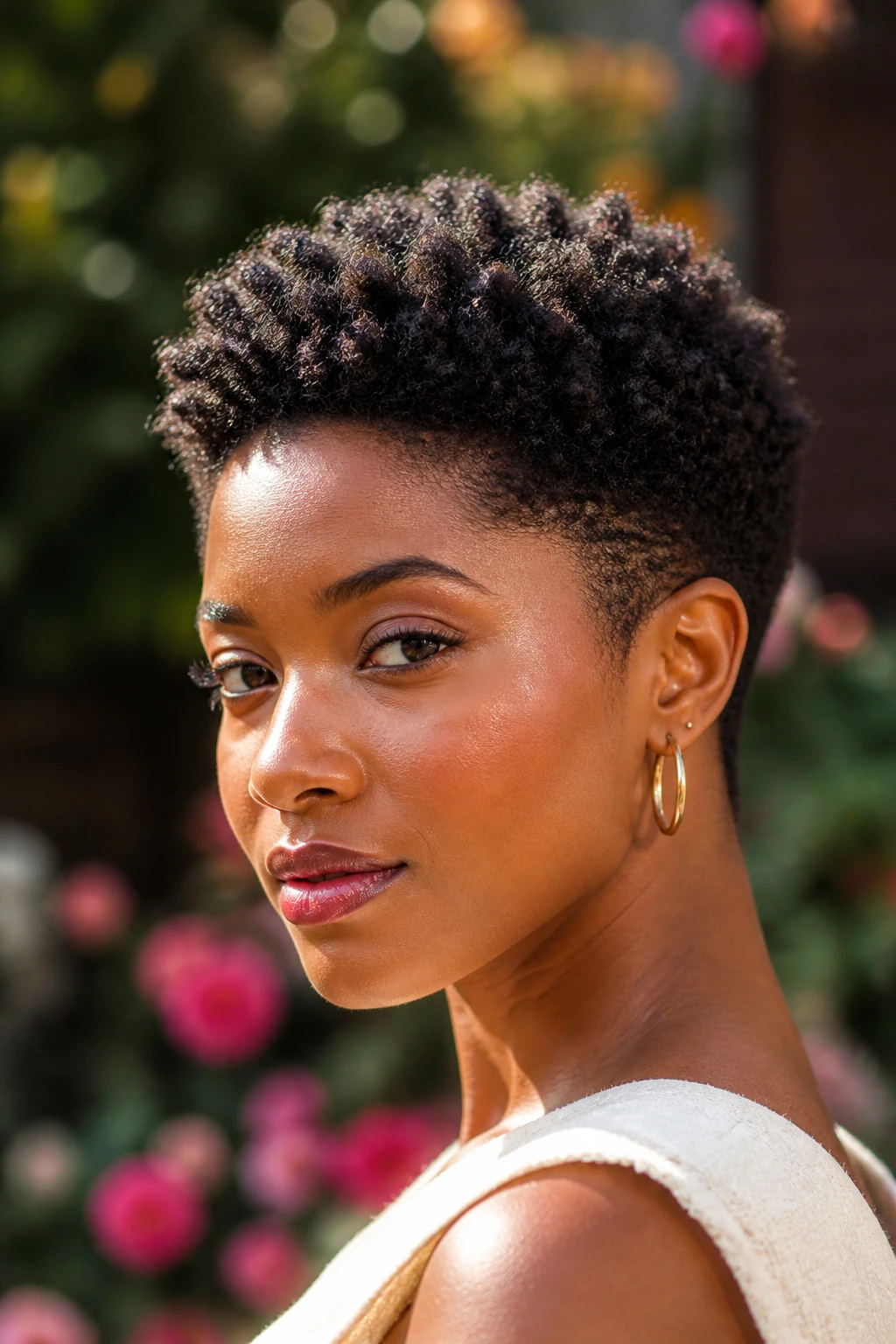 Close-up portrait of a real person with a tapered coily crop hairstyle