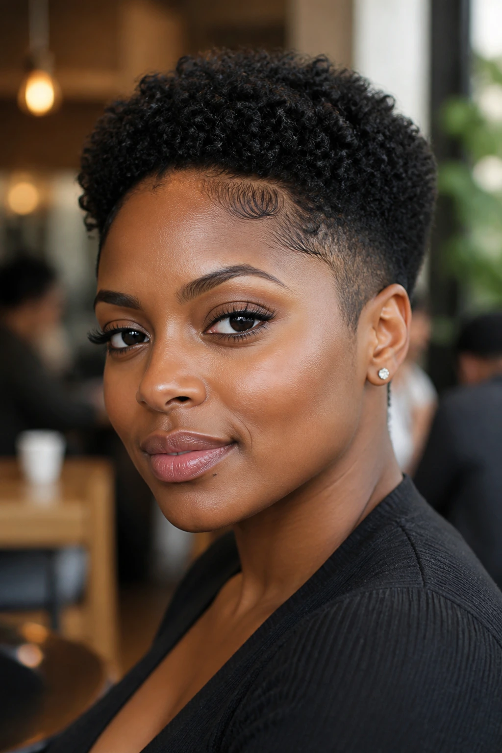Close-up portrait of a woman with tapered coily crop and soft edges.